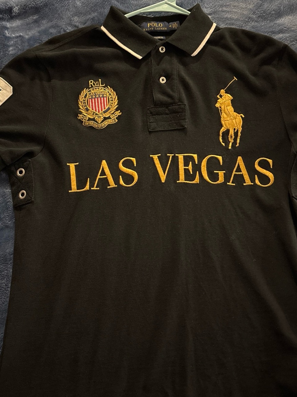 Ralph Lauren Black Polo Shirt with Gold 'Las Vegas' Embroidery